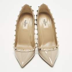 Pre Owned Valentino Rockstud Size 38 Beige Patent Leather Pumps