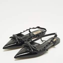Pre Owned Valentino Rockstud Size 39.5 Black Leather and Patent Leather Slingback Flats 