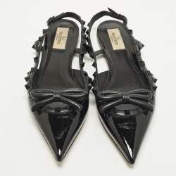 Pre Owned Valentino Rockstud Size 39.5 Black Leather and Patent Leather Slingback Flats 