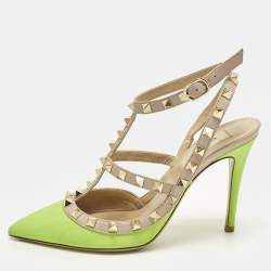 Pre Owned Valentino Rockstud Size 36.5 Green/Dusty Pink  Leather Pumps