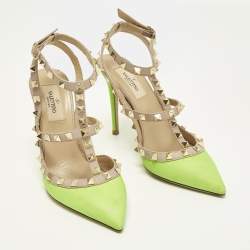 Pre Owned Valentino Rockstud Size 36.5 Green/Dusty Pink  Leather Pumps