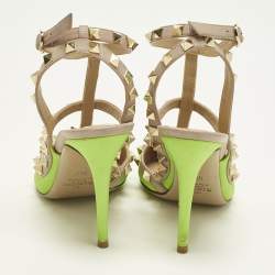 Pre Owned Valentino Rockstud Size 36.5 Green/Dusty Pink  Leather Pumps