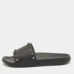 Pre Owned Valentino Rockstud Size 44 Black Rubber Pool Flat Slides 