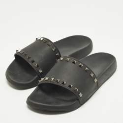 Pre Owned Valentino Rockstud Size 44 Black Rubber Pool Flat Slides 