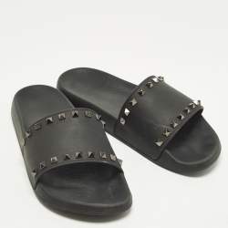 Pre Owned Valentino Rockstud Size 44 Black Rubber Pool Flat Slides 