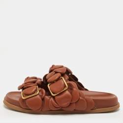 Pre Owned Valentino 03 Rose Edition Atelier Size 37 Brown Leather Flat Slide Sandals