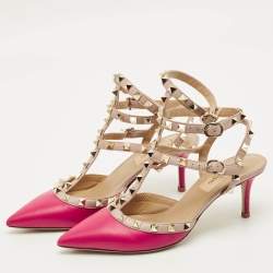 مملوكة مسبقًا حذاء كعب عالي فالنتينو جلد وردي فاتح مرصع بإبزيم عند الكاحل مقاس 38.5