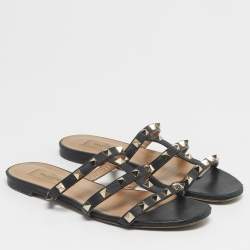 Pre Owned Valentino Rockstud Size 36 Black Leather Flat Slide