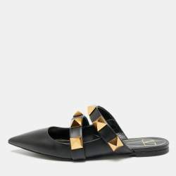 Pre Owned Valentino Roman Stud Size 38.5 Black Leather Flat Mules