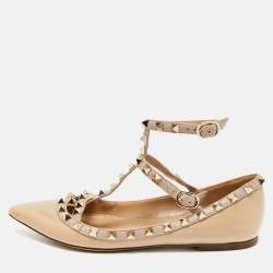 Pre Owned Valentino Rockstud Size 37 Beige Leather and Patent Leather Ballet Flats