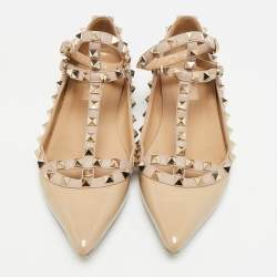 Pre Owned Valentino Rockstud Size 37 Beige Leather and Patent Leather Ballet Flats