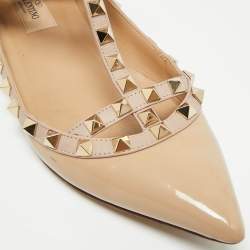 Pre Owned Valentino Rockstud Size 37 Beige Leather and Patent Leather Ballet Flats
