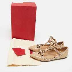 Pre Owned Valentino Rockstud Size 37 Beige Leather and Patent Leather Ballet Flats