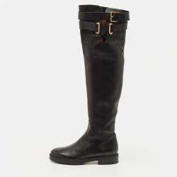 Pre Owned Valentino Size 40 Black Leather Over The Knee Boots