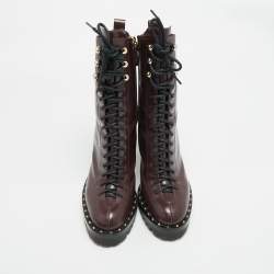 Pre Owned بوت فالنتينوأتيليه كومبات جلد أسود مقاس 38.5