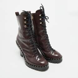 Pre Owned بوت فالنتينوأتيليه كومبات جلد أسود مقاس 38.5