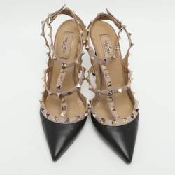 Pre Owned Valentino Rockstud Size 39 Black/Beige Leather Ankle Strap Pumps