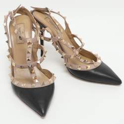 Pre Owned Valentino Rockstud Size 39 Black/Beige Leather Ankle Strap Pumps