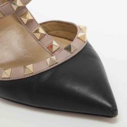 Pre Owned Valentino Rockstud Size 39 Black/Beige Leather Ankle Strap Pumps
