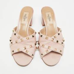 Pre Owned Valentino Rockstud Size 36 Pink Leather Criss Cross Block Heel Slide Sandals