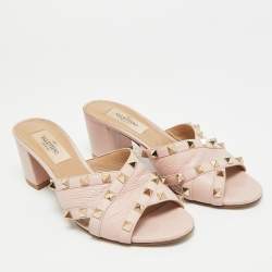 Pre Owned Valentino Rockstud Size 36 Pink Leather Criss Cross Block Heel Slide Sandals