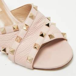 Pre Owned Valentino Rockstud Size 36 Pink Leather Criss Cross Block Heel Slide Sandals