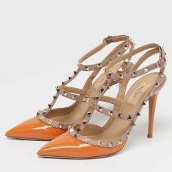 مملوكة مسبقًا Valentino Rockstud Size 39 Beige/Orange Leather and Patent Ankle Strap Pumps