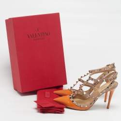 مملوكة مسبقًا Valentino Rockstud Size 39 Beige/Orange Leather and Patent Ankle Strap Pumps
