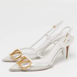 Pre Owned Valentino VLogo Size 38 White/Transparent Leather and PVC Slingback Pumps