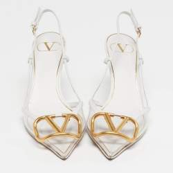 Pre Owned Valentino VLogo Size 38 White/Transparent Leather and PVC Slingback Pumps