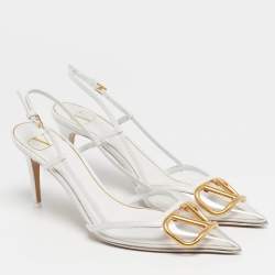 Pre Owned Valentino VLogo Size 38 White/Transparent Leather and PVC Slingback Pumps
