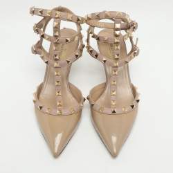 Pre Owned Valentino Rockstud Size 38.5 Beige Patent and Leather Ankle Strap Pumps