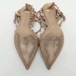 Pre Owned Valentino Rockstud Size 38.5 Beige Patent and Leather Ankle Strap Pumps