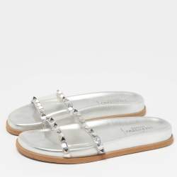 Pre Owned Valentino  Size 37 Silver/Transperent Leather And PVC Rockstud Flat Slides