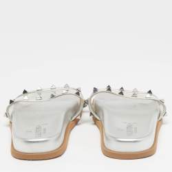 Pre Owned Valentino  Size 37 Silver/Transperent Leather And PVC Rockstud Flat Slides
