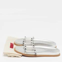 Pre Owned Valentino  Size 37 Silver/Transperent Leather And PVC Rockstud Flat Slides