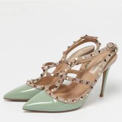 Pre Owned Valentino Rockstud Caged Size 39 Green/Dusty Pink Patent and Leather Ankle Strap Pumps