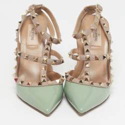 Pre Owned Valentino Rockstud Caged Size 39 Green/Dusty Pink Patent and Leather Ankle Strap Pumps