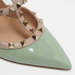 Pre Owned Valentino Rockstud Caged Size 39 Green/Dusty Pink Patent and Leather Ankle Strap Pumps