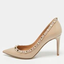 Pre Owned Valentino Rockstud Size 38 Beige Leather and Patent Pumps