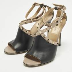 Pre Owned Valentino Rockstud Size 38 Black Leather Ankle Strap Open Teo Pumps