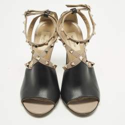 Pre Owned Valentino Rockstud Size 38 Black Leather Ankle Strap Open Teo Pumps