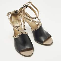 Pre Owned Valentino Rockstud Size 38 Black Leather Ankle Strap Open Teo Pumps