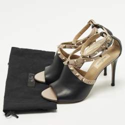Pre Owned Valentino Rockstud Size 38 Black Leather Ankle Strap Open Teo Pumps