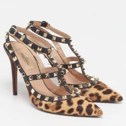 مملوكة مسبقًا حذاء كعب عالي فالنتينو جلد شعر عجل متعدد الألوان روكستد بحزام للكاحل مقاس 37.5