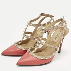 مملوكة مسبقًا Valentino Rockstud Size 36 Red/Beige Leather Caged Ankle Strap Pumps