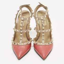 مملوكة مسبقًا Valentino Rockstud Size 36 Red/Beige Leather Caged Ankle Strap Pumps