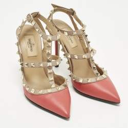 مملوكة مسبقًا Valentino Rockstud Size 36 Red/Beige Leather Caged Ankle Strap Pumps