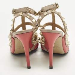 مملوكة مسبقًا Valentino Rockstud Size 36 Red/Beige Leather Caged Ankle Strap Pumps