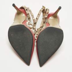 مملوكة مسبقًا Valentino Rockstud Size 36 Red/Beige Leather Caged Ankle Strap Pumps